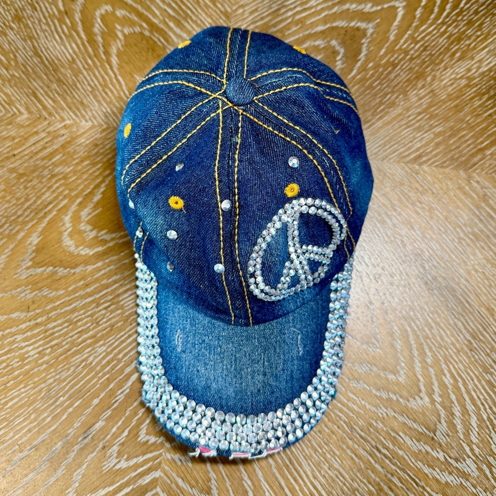 Distressed Denim Baseball Cap with a rhinestone peace sign